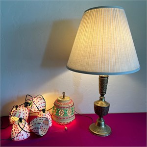 Vintage Brass Lamp, Pendant & String of Lights