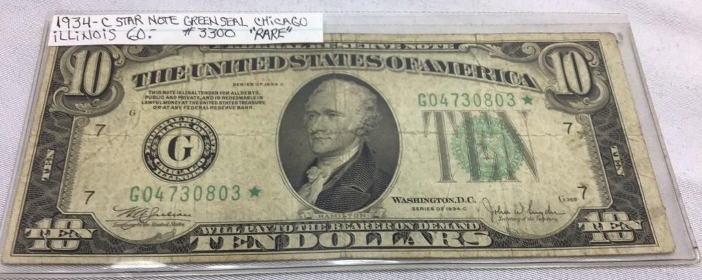 OF) $10 1934-C STAR NOTE, NICE GREEN SEAL BILL,