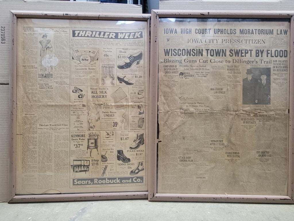 (2) 1934 Newspaper Specimen Framed