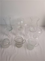 Clear glass vases, small pitchers, sugar bowl