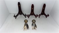 (3) wood easels, pair of handmade earrings