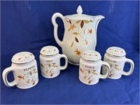 Hall china autumn leaf pitcher and shakers