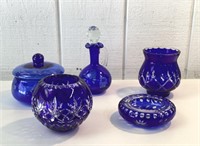 Lot of Cut to Clear & Etched Blue Glass
