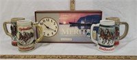 Merit Clock, (4) Budweiser Mugs
