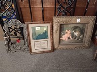 Cast iron picture frame & pictures