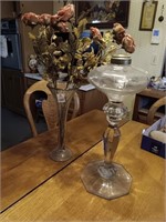 Large glass oil lamp & vase w/ flowers