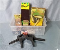 Tote of miscellaneous items and 2 Clamps
