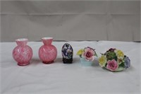 Two case glass 4" vases, egg on stand and two