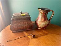 pitcher 13" and wood box urn and snuffer