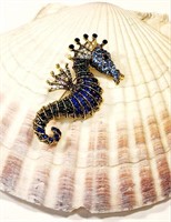 Gorgeous Blue Gemstone Seahorse Brooch New Merch