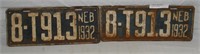 MATCHING PAIR OF 1932 HALL CO. NEBR. TRUCK PLATES