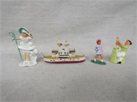3 LEAD FIGURES & SMALL WOODEN BOAT: