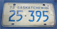 Single 1972 Saskatchewan Licence Plate