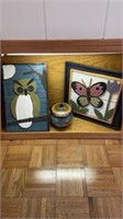 Wooden framed art and pottery