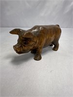 VINTAGE HAND CARVED WOODEN PIG FIGURE 6x3"