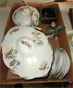 transferware covered bowl, Mid-cent. seagull