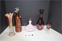 Ruby Red Decanter & Glass & Carnival Vase & More