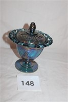 BLUE CARNIVAL OPEN LACED COVERED CANDY DISH