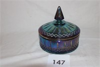 BLUE CARNIVAL GLASS COVERED DISH