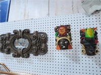 WALL DECOR MIRROR & (2) CARVED WOOD MASKS