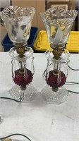 Pair of Ruby Hobnail Lamps with Prisms