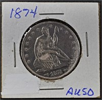 1874 SEATED LIBERTY HALF DOLLAR AU