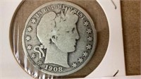 1908 barber half dollar silver coin