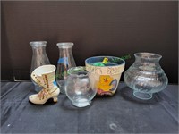 (3) Oil Lamp Globes, Shoe Vase & Planter