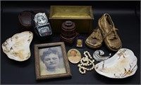 Antique Porcelain, Jewelry Casket, Baby Shoes & ++