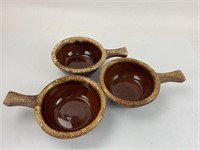(3) Hull Oven Proof Brown Drip Pottery Handled
