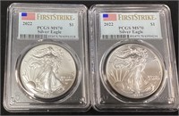 (2) 2022 SILVER AMERICAN EAGLES, GRADED MS70,