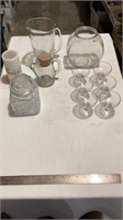 Glass pitcher, glass candy bowls, set of wine