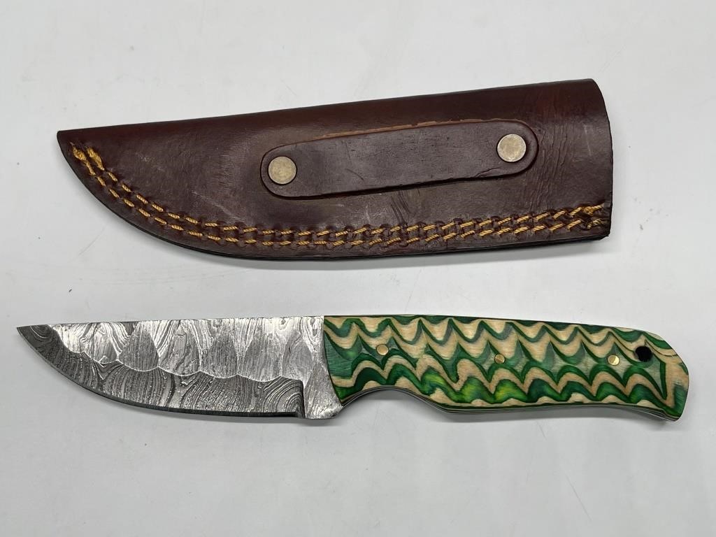 Damascus Steel Knife with Leather Sheath 8in L