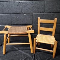 Wicker Seated Stool and Child's Chair  - K
