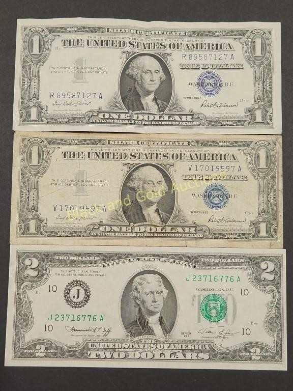 (2) $1 Silver Certificates & Missouri $2 Bill