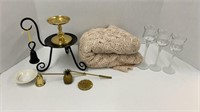 Candle holder, extinguishers, 3 wine glasses, and