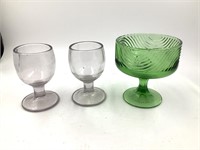 THICK GLASS GOBLETS AND GREEN GLASS CANDY DISH