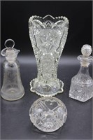 Antique Pressed Glass Vase, Rose Bowl, Cruets