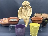 Sitting Cupid Garden Statue, Planters, & Pot Trays