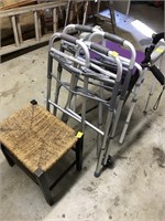 WOOD STOOL, WALKERS, WEIGHTS AND HANDICAP TOILET