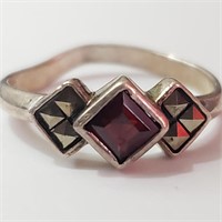 $100 Silver Garnet Marcasite Ring