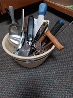 Crock bowl w/ kithen utensils