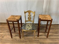 Gold Painted Side Chair, Wicker Seat Barstools