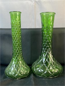2 Vtg Green Glass Bud Vases - 1 is Hoosier Glass