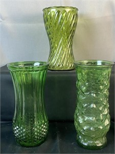 3 Green Glass Floral Vases - 1 is Hoosier Glass