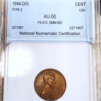 1944-D/S Lincoln Wheat Penny NNC - AU50