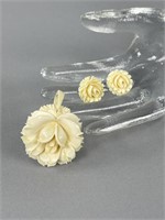 Hand Carved Rose Flower Pendant and Earrings