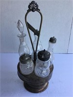 Antique Castor Set Of 5 w/ Glass Bottles