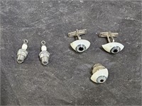 Vintage Eye Cuff Links & Tack, Mini Spark Plugs