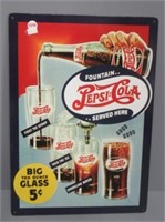 Tin Pepsi Cola sign. Measures: 16" H x 11" W.